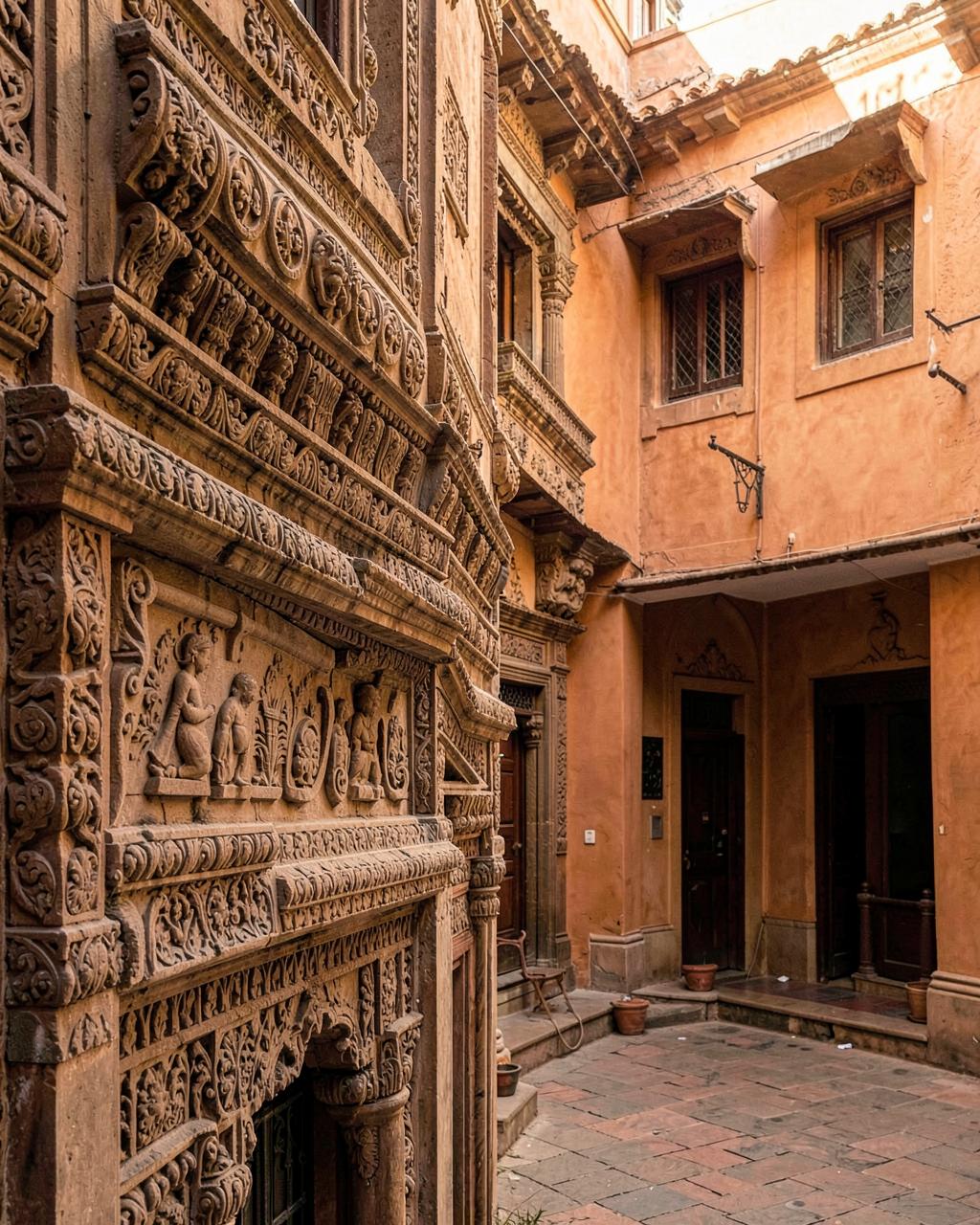 Carved historic stone architecture beside a quiet courtyard