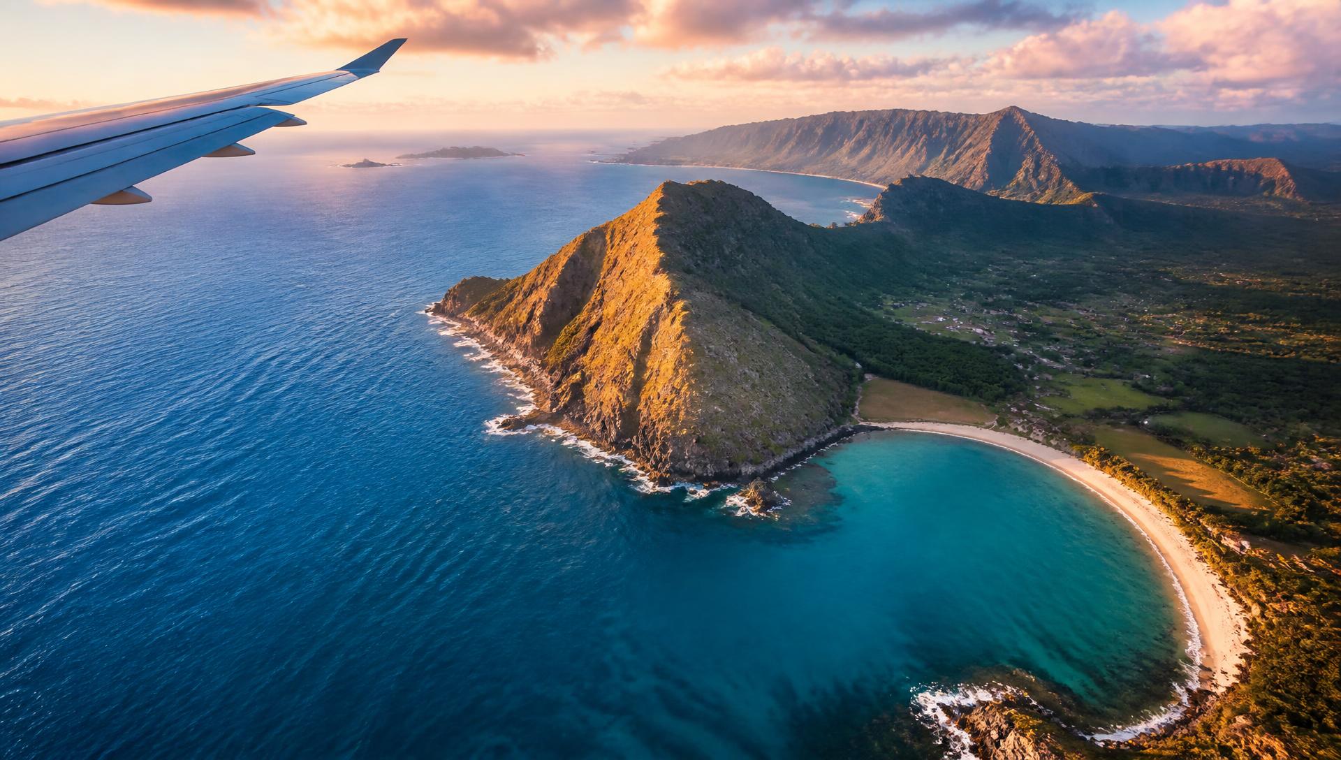 Coastline and bay seen from an aircraft window at golden hour