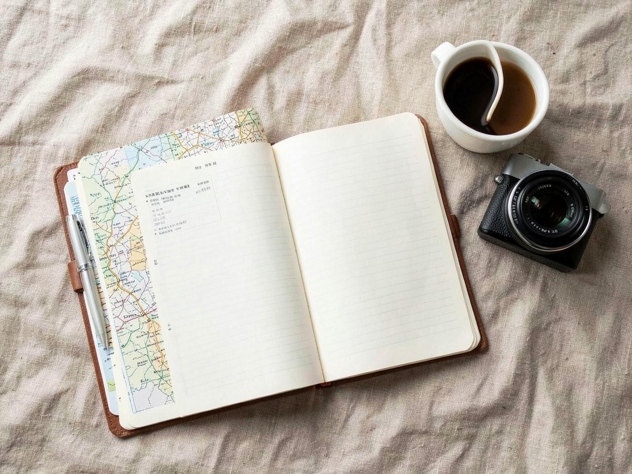 Open travel notebook with a folded map, pen, camera and a cup of coffee
